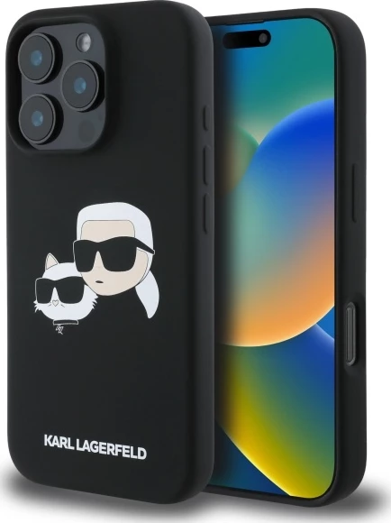 Mbështjellës Karl Lagerfeld Silicone Case Heads Print MagSafe për iPhone 16 Pro Max, Zi