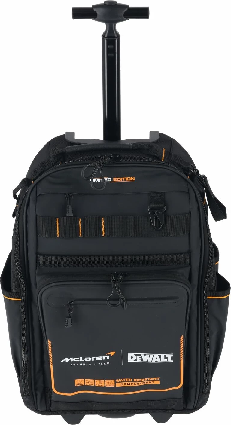 Çantë shpine për vegla me rrota DeWalt x McLaren DWST60101-9, 28.7 L, IP54, 43 xhepa, 25 kg, e zezë