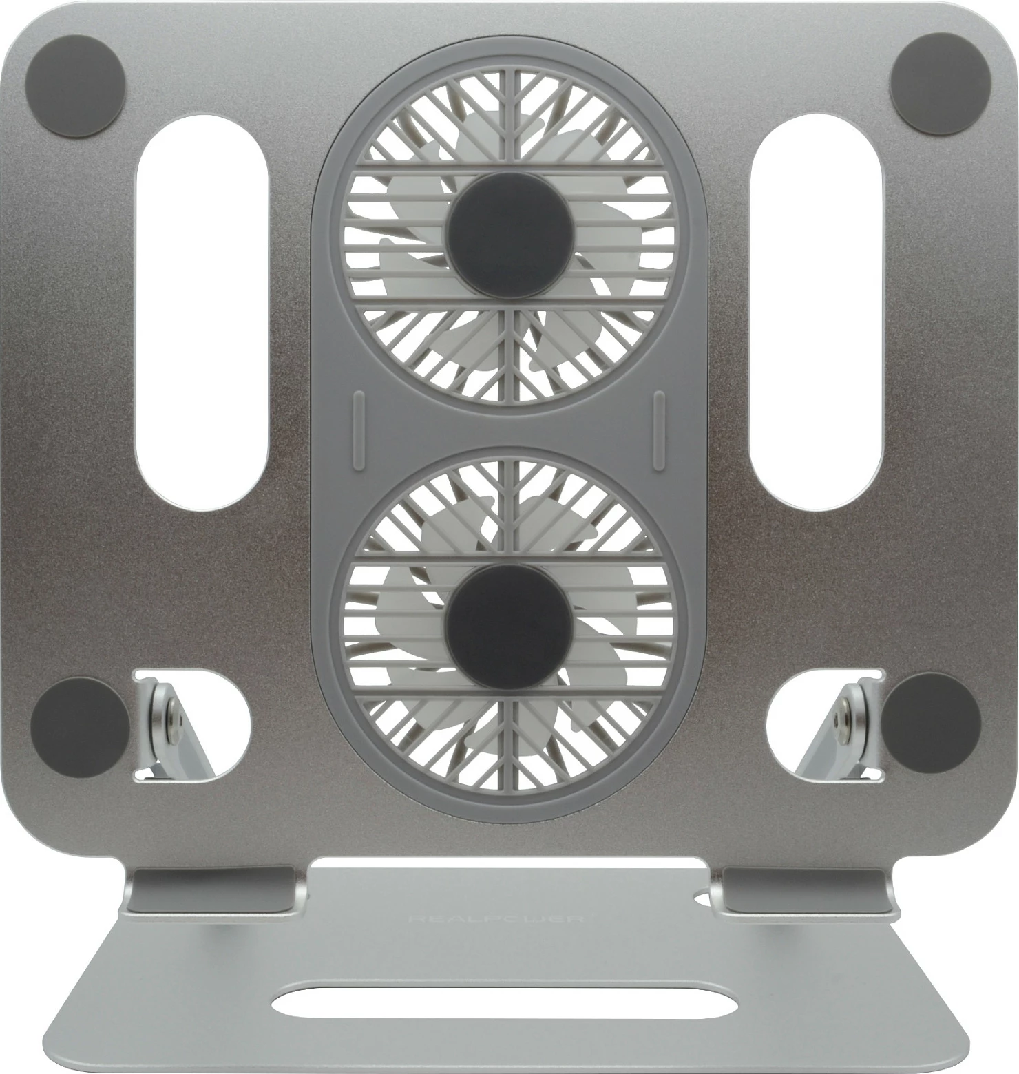 Mbajtëse laptopi/tableti RealPower FanStand 1, 2 ventilatorë, RGB, 10-17", inox