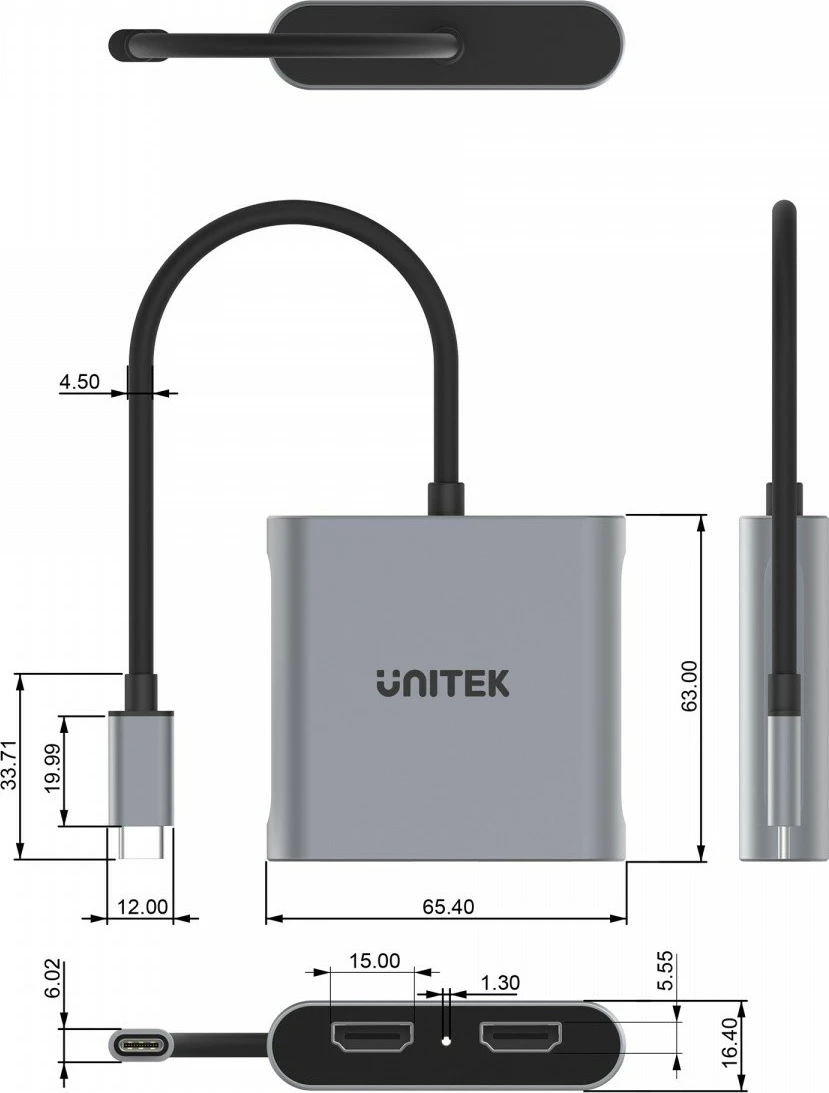 Adapter Unitek V1404B USB-C në 2x HDMI, 4K, MST, Gri