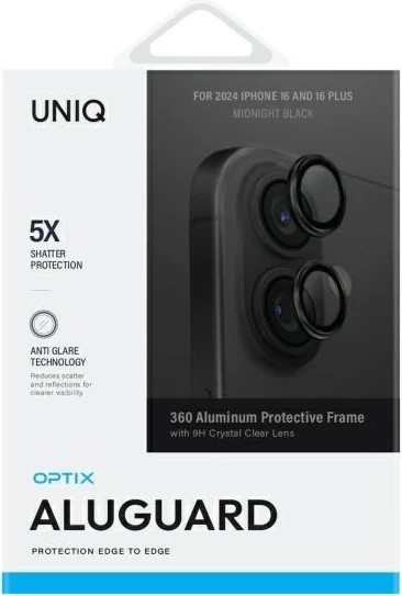 Mbrojtës lentash UNIQ Optix për kamera, për iPhone 16 / 16 Plus, alumini, i zi