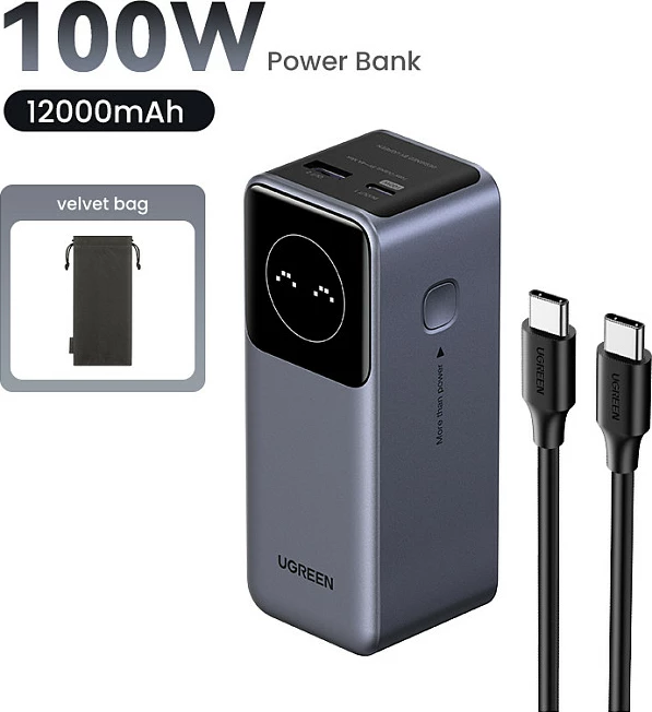 Powerbank Ugreen 12000mAh, 100W PD, USB-C + USB-A, gri