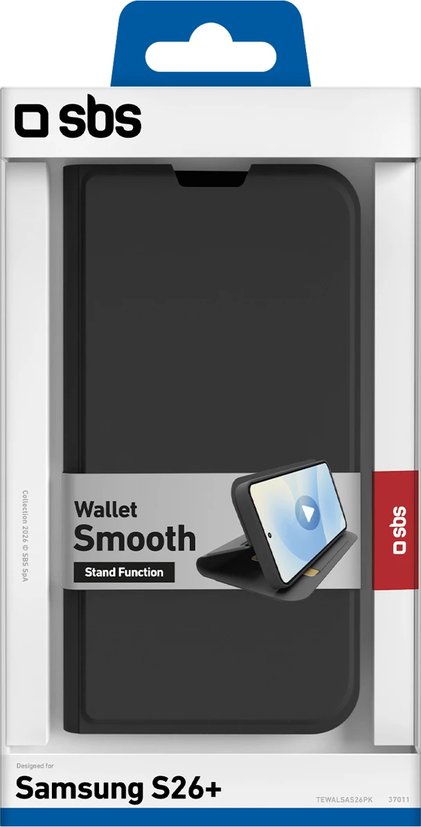 Mbështjellës me kapak SBS Wallet Smooth për Samsung Galaxy S26 Plus, me mbajtëse, me xhep karte, i zi