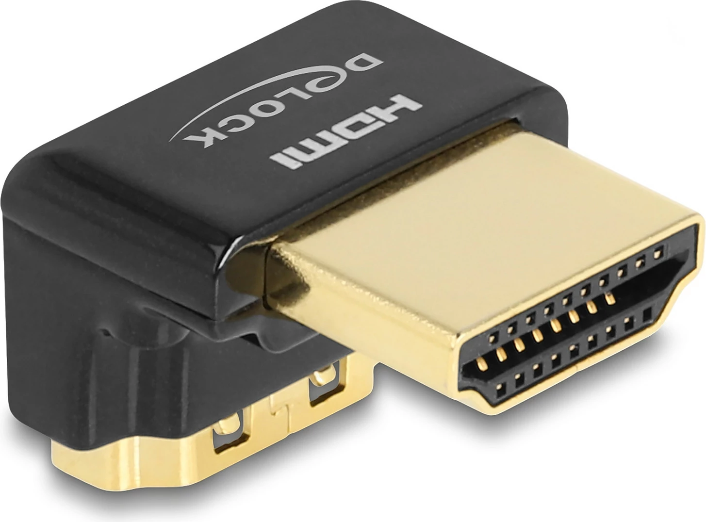 Adapter HDMI DeLOCK 90° poshtë, mashkull në femër, 8K 60Hz, metal, zi