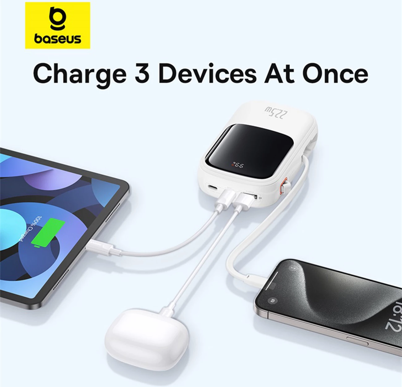 Powerbank Baseus QPow Pro+ 20000mAh me display, 22.5W, kabllo USB-C e integruar, Bardhë