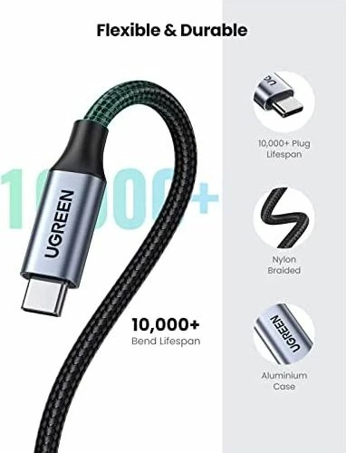 Zgjatues kabllo USB-C UGREEN 30205, 1m, USB 3.1 Gen 2 10Gbps, 5A PD100W, Thunderbolt 3, alumini, e zez/argjendtë, PolyBag