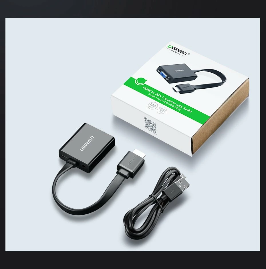 Adapter HDMI në VGA Ugreen 40248, me micro USB dhe audio 3.5mm, Zi