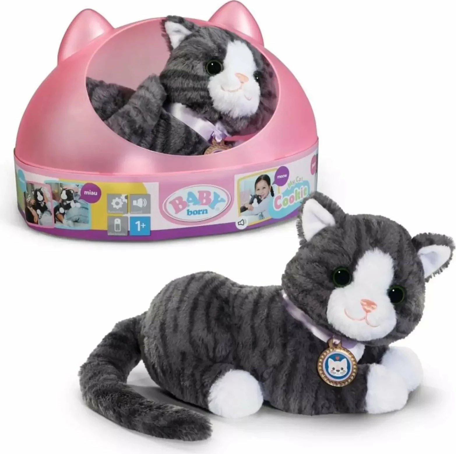 Lodër mace interaktive Baby Born Cookie, me tinguj, me transportues, gri