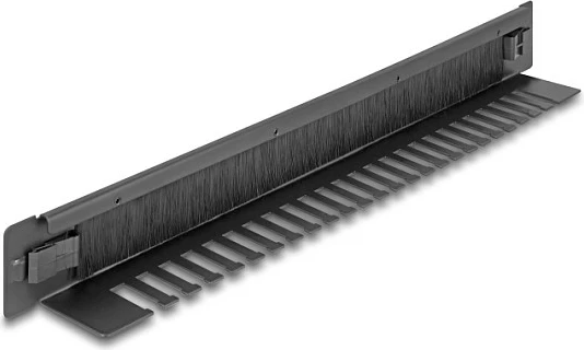 Panel me furçë për rack 19" DeLOCK 1U, tool-free, me mbajtës kabllosh, i zi