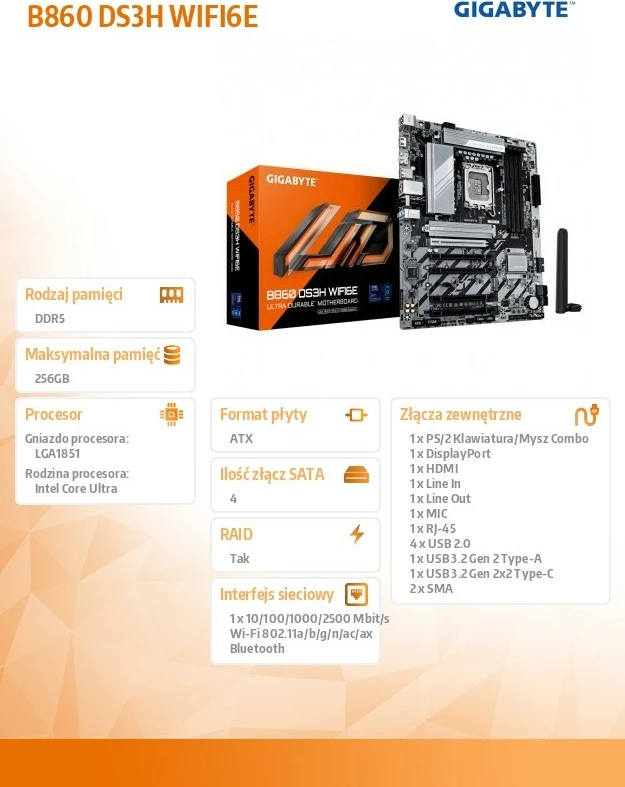Pllakë amë Gigabyte B860 DS3H WIFI6E, ATX, LGA1851, Wi-Fi 6E