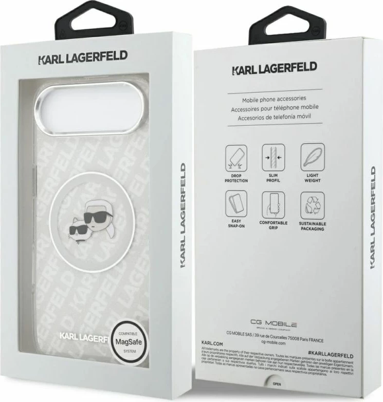 Kapak telefoni Karl Lagerfeld IML Glitter Karl & Choupette Heads Logo MagSafe për iPhone Air, hiri