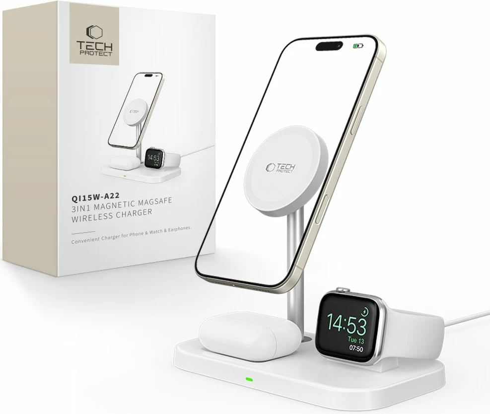 Karikues induktiv 3-në-1 Tech-Protect QI15W-A22 me MagSafe, për smartphone, Apple Watch dhe AirPods, Bardhë