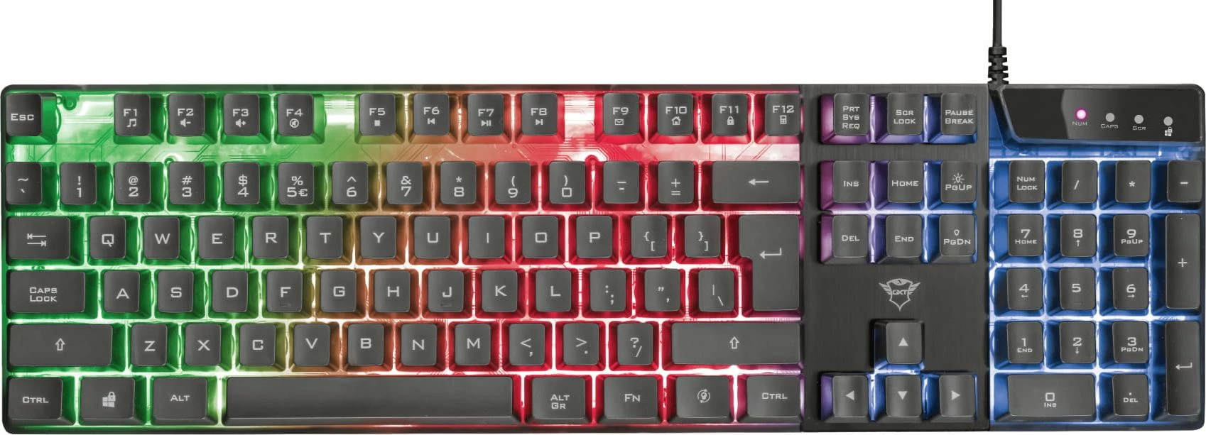 Tastierë gaming Trust GXT 835 Azor 23651, USB me kabllo, 100% US layout, LED multikolor, anti-ghosting, e zezë