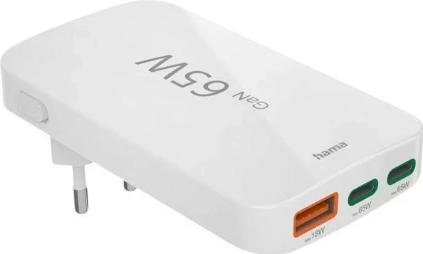 Karikues Hama 65W GaN, 2X USB-C, 1X USB-A, bardhë
