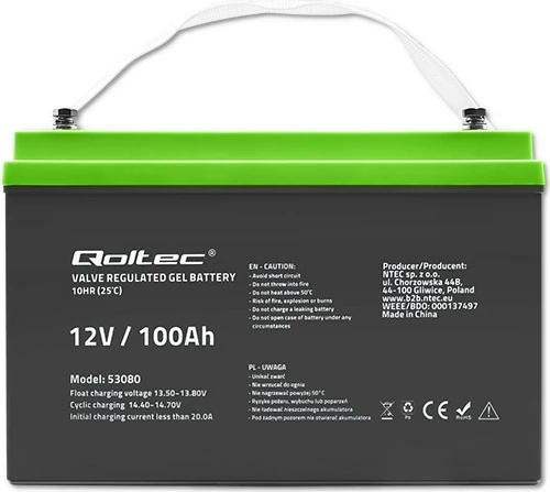 Bateri xhel Qoltec 100Ah 12V, Model 53080, e zezë me të gjelbër