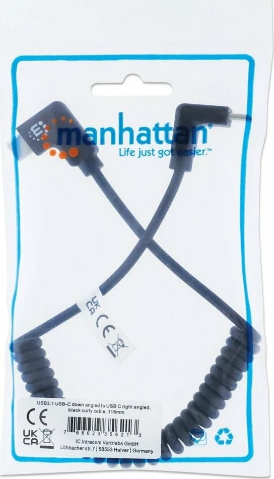 Kabllo USB-C Manhattan 356213, spiral, 60W/3A, 35-100 cm, pa data, e zezë