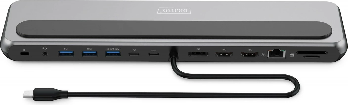 Stacion dokimi USB-C Digitus DA-70919, 12 porta, 8K/30Hz, 3 monitorë, Gigabit Ethernet, SD/MicroSD, PD 100W, zi/gri