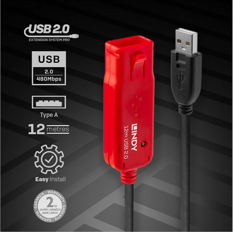 Kabllo zgjatëse aktive USB 2.0 Lindy 12m, USB-A mashkull në USB-A femër, 480 Mbps, e zezë