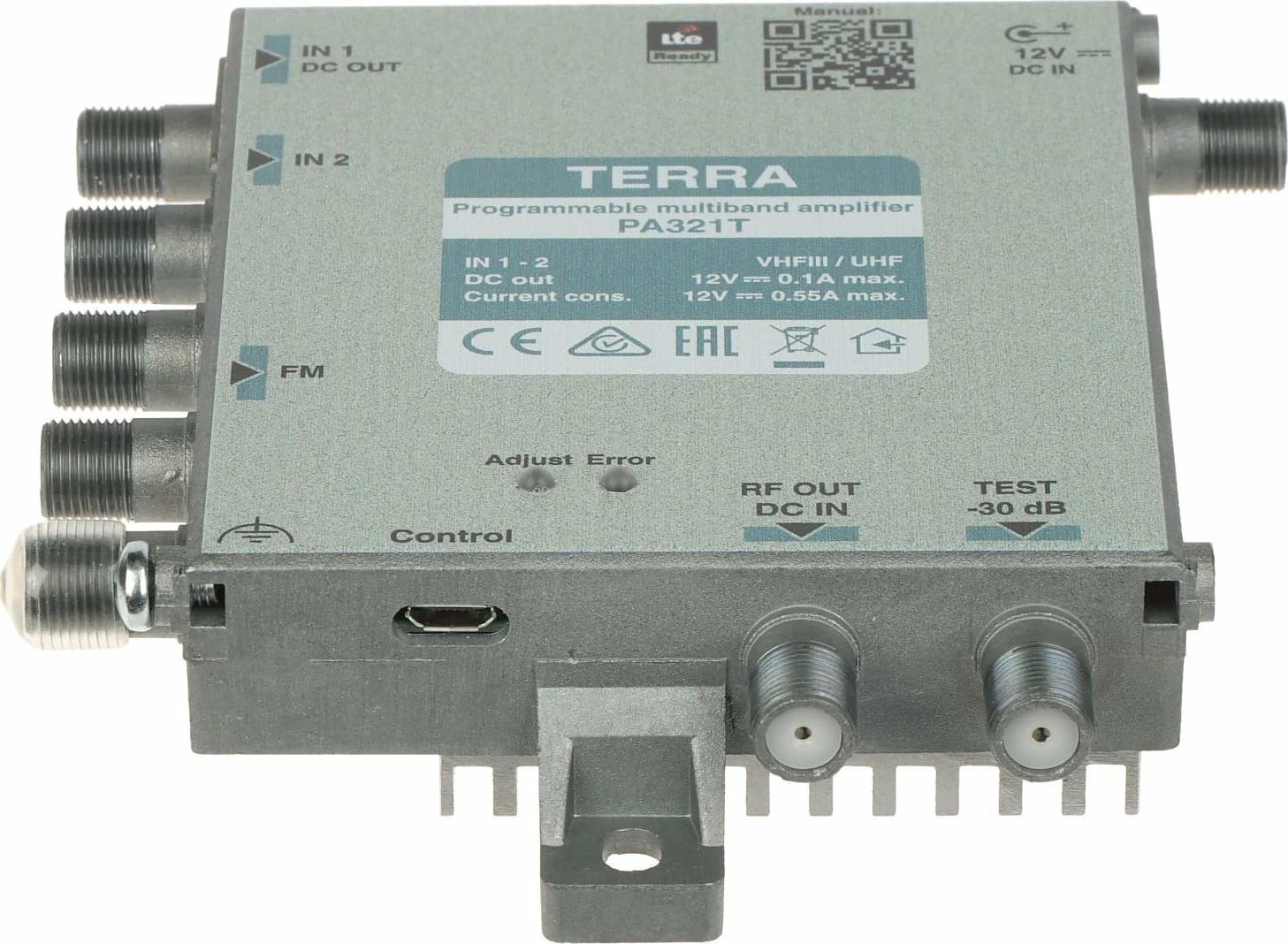 Amplifikator antene Terra PA-321TP, programabil wideband, 20 MUX DVB-T/T2, me AGC dhe filtër LTE/5G, adapter 12V i përfshirë, gri