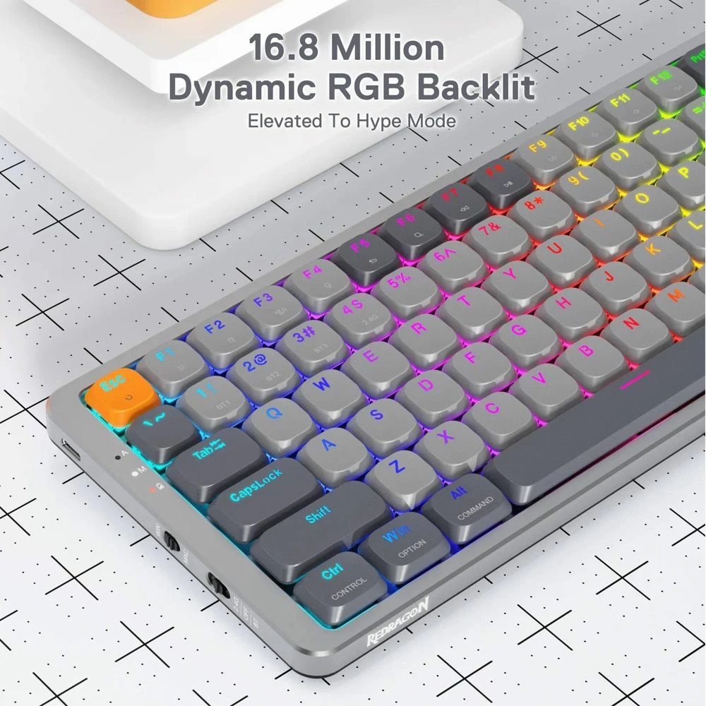 Tastierë mekanike wireless Redragon Azure K652GG RGB Pro K652GG, 75% (84 taste), low-profile, red switch, RGB, tri-mode Bluetooth/2.4GHz/USB, gri e errët
