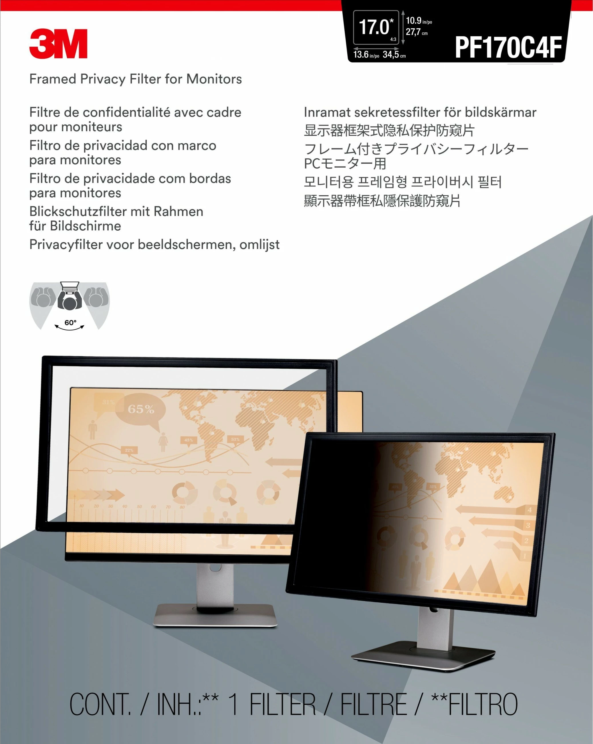 Filtër privatësie për monitor 3M PF170C4F, 17 inç, 5:4, i zi