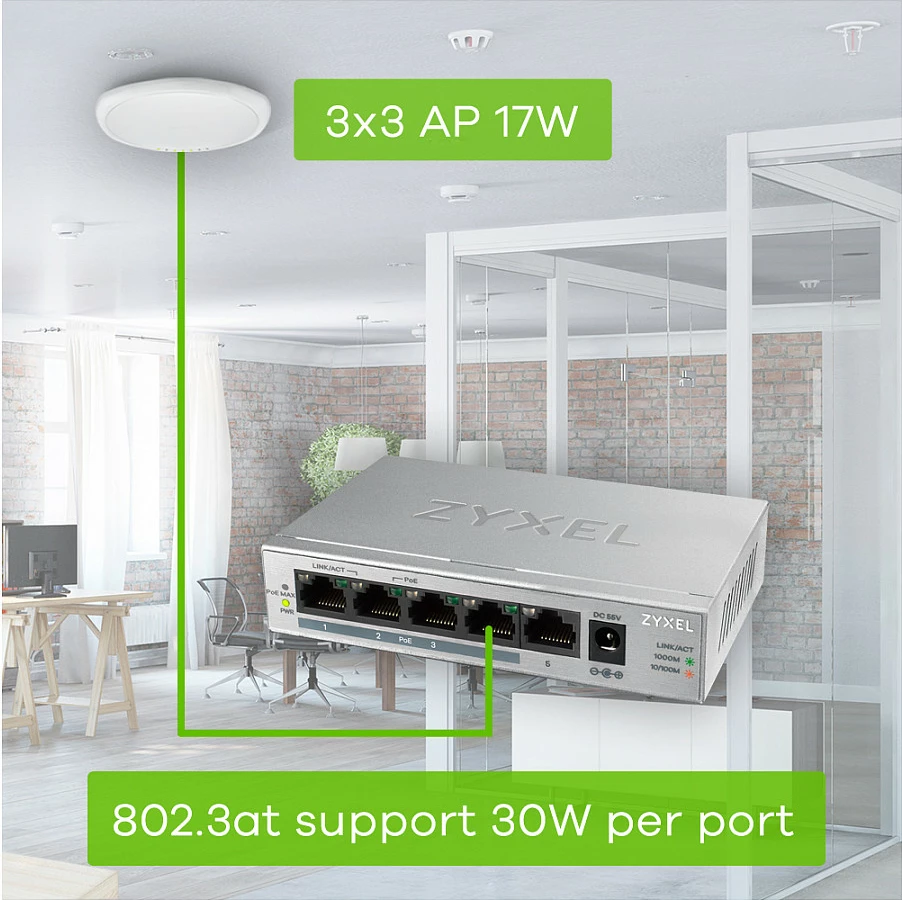 Switch Zyxel GS1005HP, Unmanaged, Gigabit Ethernet, PoE, Argjendtë