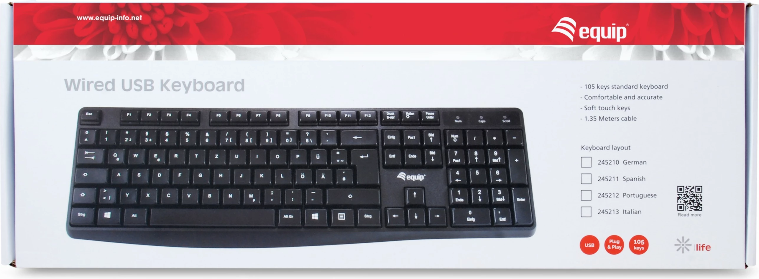 Tastierë EQUIP 100%, USB, QWERTY, e zezë