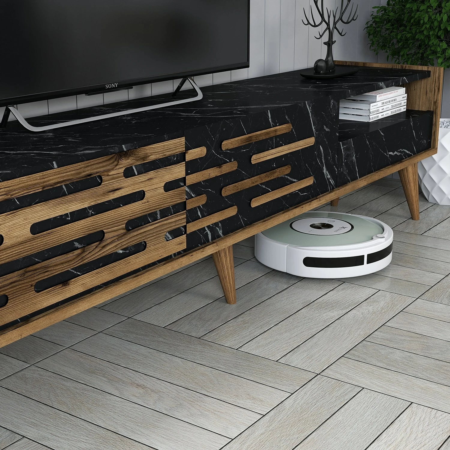 Komodë TV Hanah Home, Valensiya, ngjyrë arre, e zezë, mermer