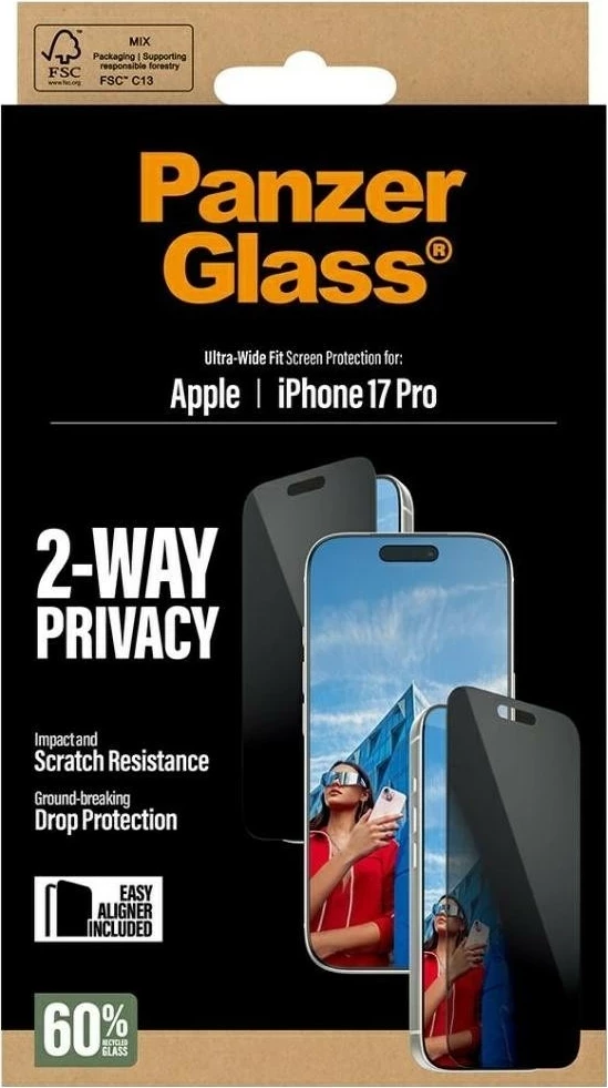 Mbështjellës PanzerGlass Ultra-Wide Fit EasyAligner për iPhone 17 Pro, privacy glass, e zezë