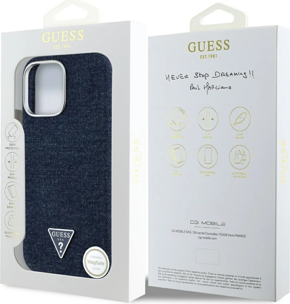Mbështjellës Guess Denim Triangle Logo MagSafe për iPhone 16 Pro, Kaltër
