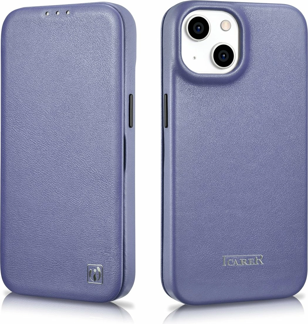 Mbështjellës lëkure iCarer CE Premium Folio për iPhone 14 Plus, MagSafe, Vjollcë e lehtë