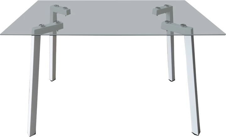 Tavolinë Titta, sipërfaqe xhami, këmbë të bardha metalike, 120x70x75cm