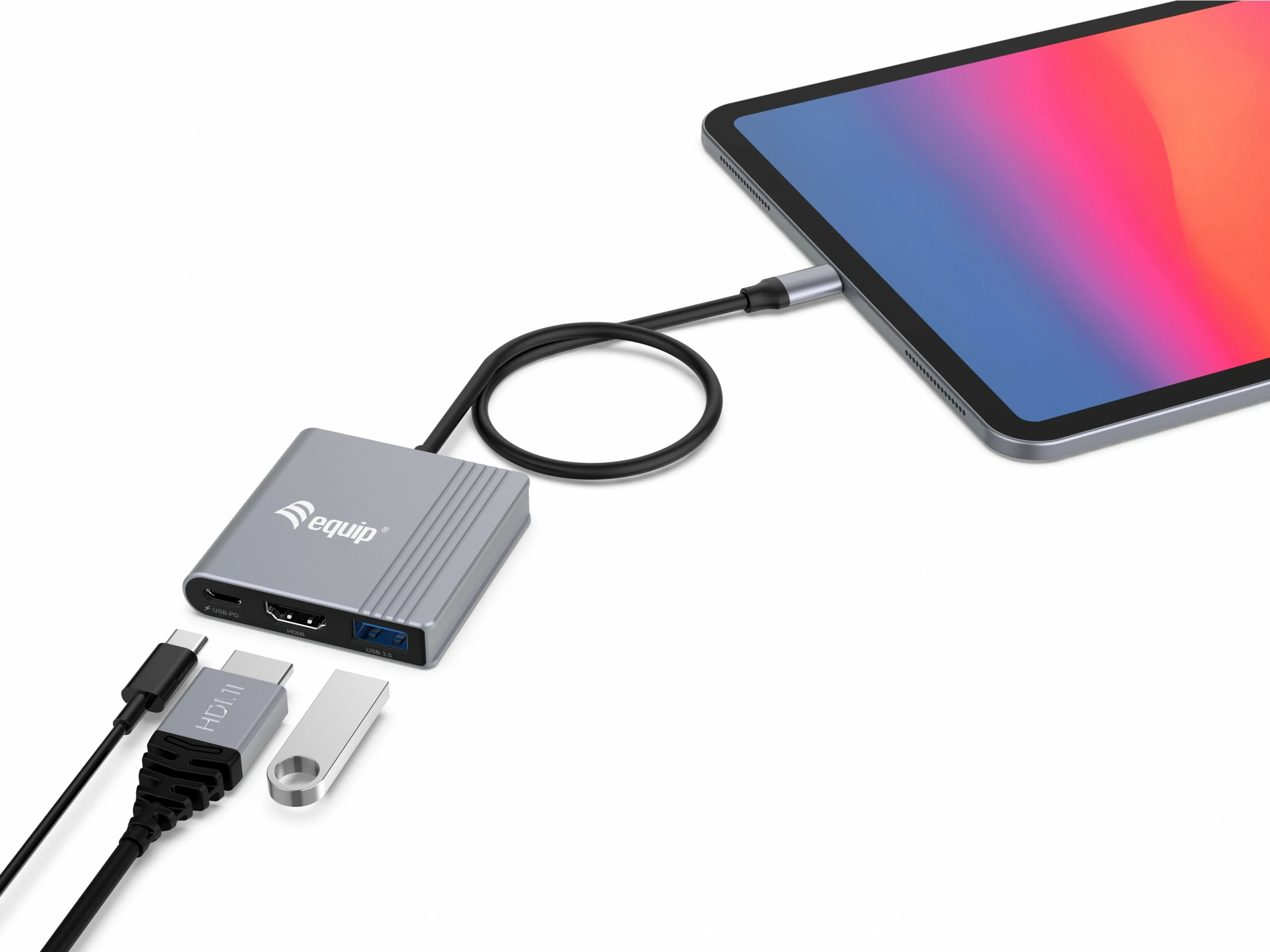 Adapter 3-n-1 USB-C në HDMI/USB-A/USB PD Equip, 3840x2160, i zi/gri