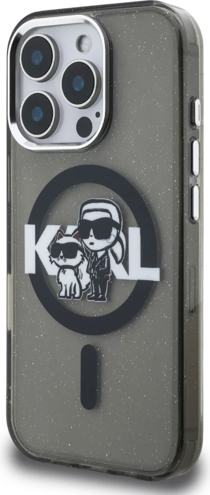 Mbështjellës Karl Lagerfeld IML Glitter Karl & Choupette Sketch Logo MagSafe për iPhone 16 Pro Max, i zi