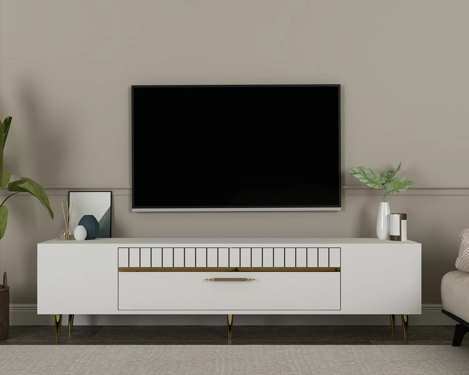 Komodë TV, ngjyrë e bardhë dhe ari, Skye Decor, Dekolp1