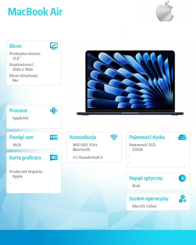 Kompjuter Apple MacBook Air 13.6\" M5 10-core CPU / 8-core GPU, 16GB RAM, 512GB SSD, pa karikues (North)