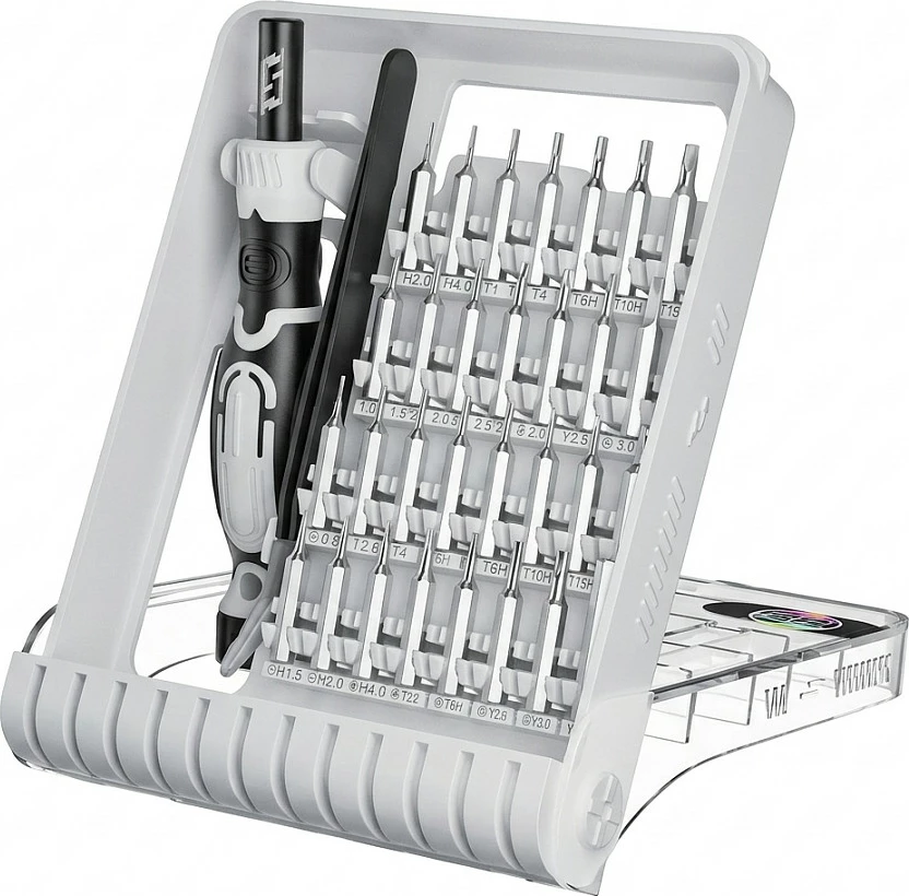 Set kaçavidash precize Synergy21, 21 pjesë, për punë fine, i bardhë/gri