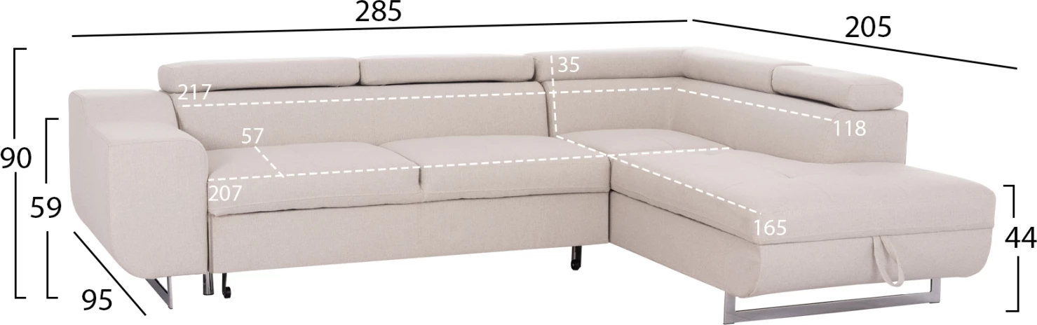 Kënd-sofë me hapësirë për depo, Encore FH3301.03R, material bezhë, 285x205x90cm