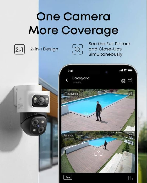 Kamerë sigurie PoE bullet-PTZ Eufy Security S4 (Anker) T8E00321, 16MP tri-lens, 4K wide-angle + 2K PTZ, 8× zoom, 360° rrotullim, IP65, bardh/zi