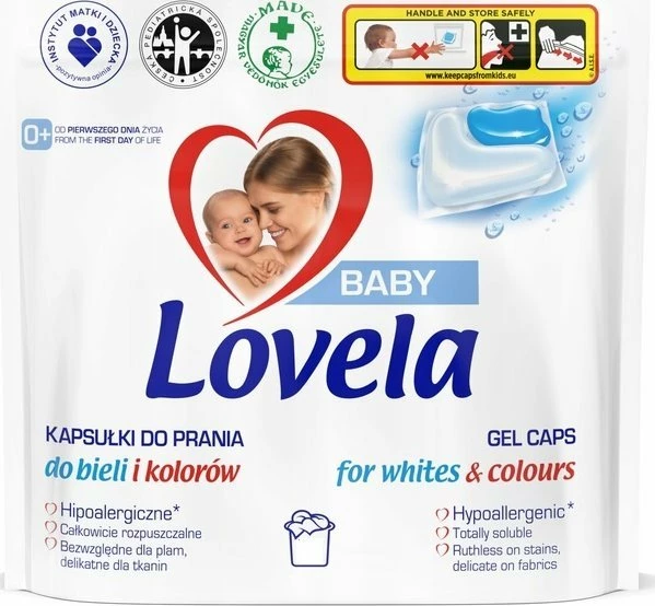 Kapsula për larje rrobash Lovela Baby Gel Caps për të bardha dhe me ngjyra, hipoalergjike, 36 copë