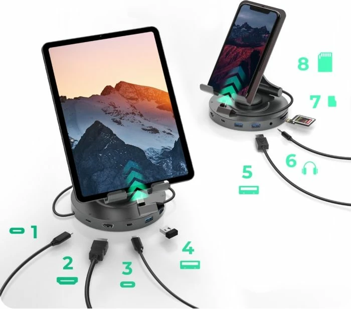 Mbajtëse rrotulluese/dock për tablet dhe celular ICYBOX IB-TH100-DK deri 11\", USB-C, HDMI 2.0 4K@60Hz, e zezë antracit