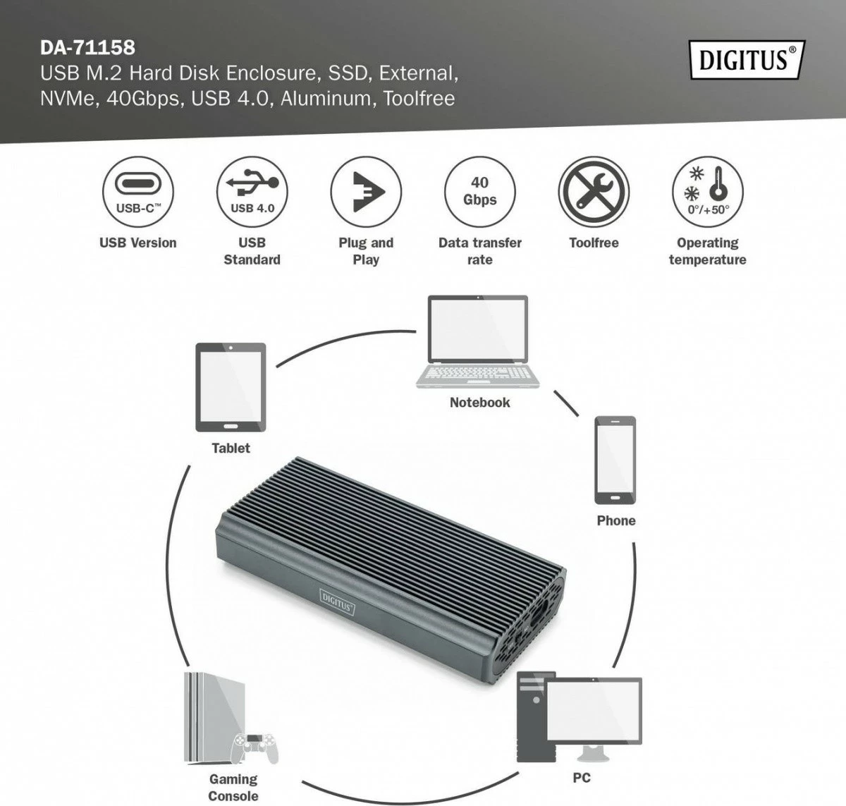 Kasë Digitus DA-71158 për SSD M.2 NVMe, USB 4.0 Type-C, Alumini, Gri