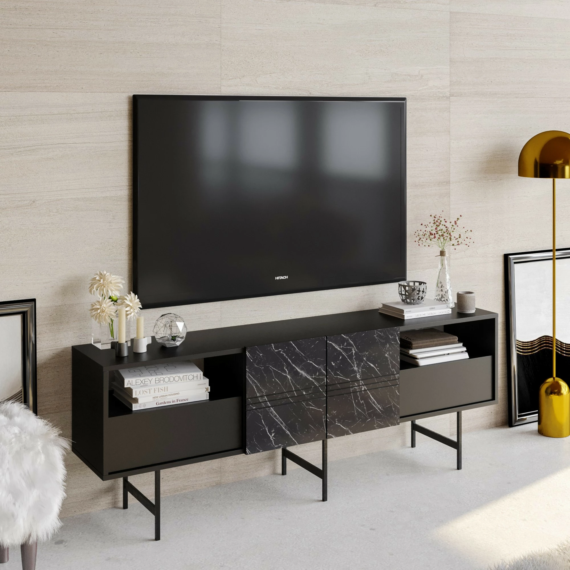 Komodë TV Hanah Home, Derin, e zezë, mermer