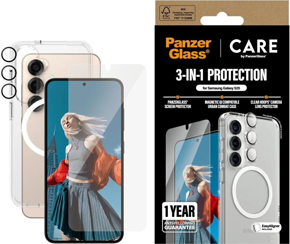 Mbështjellës PanzerGlass CARE 3in1 për Samsung Galaxy S25, set me xham mbrojtës dhe mbrojtës lente, Transparent
