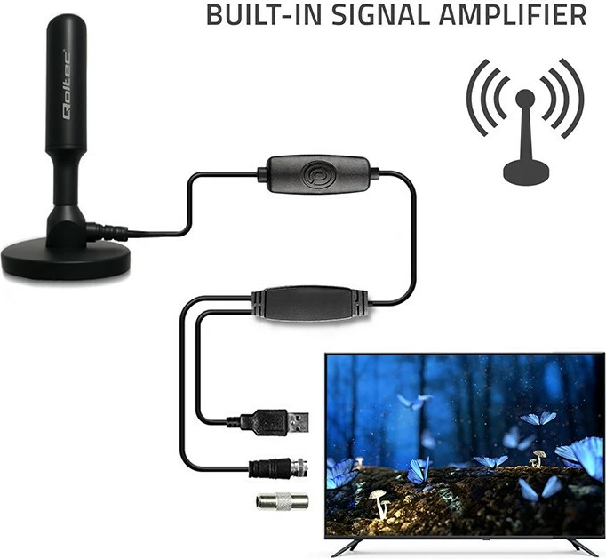 Antenë TV DVB-T2 e brendshme, Qoltec 57052, përforcues sinjali, fitim 28 dBi, VHF/UHF, 4K, kabllo 5 m, F-Male/USB, e zezë