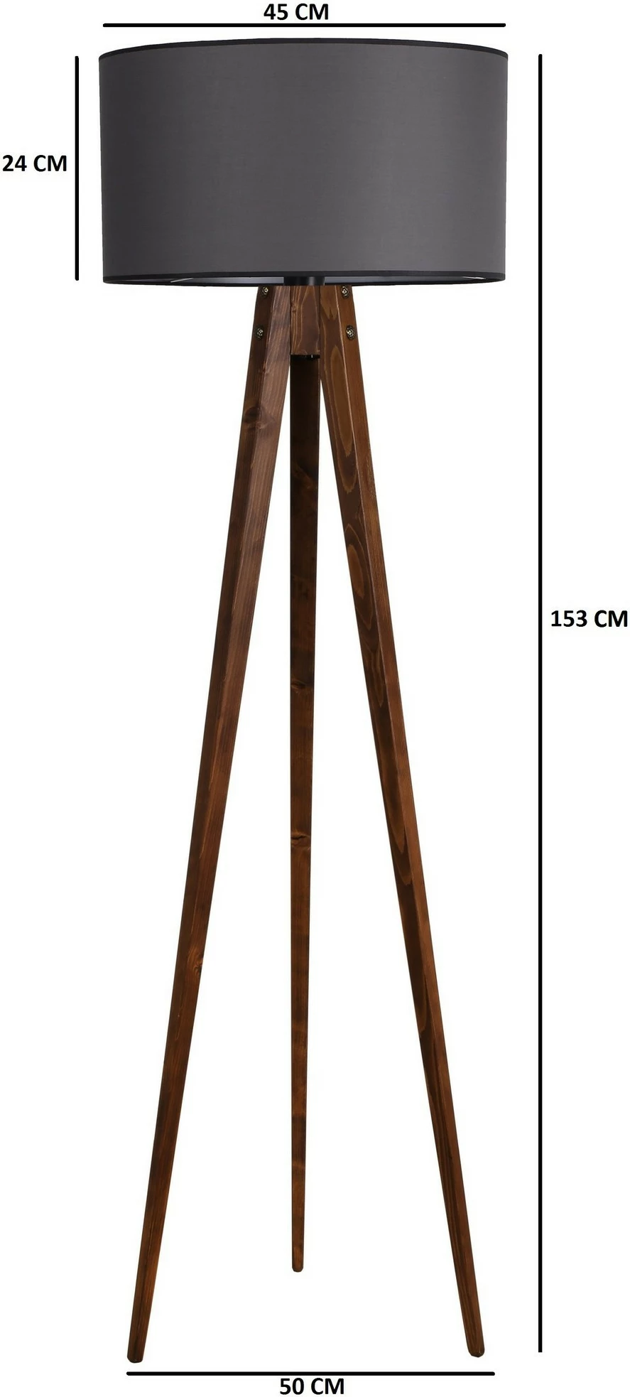 Llambë dyshemeje Opviq tripod, trup druri, abazhuri cilindrik, ngjyrë arre dhe gri e errët