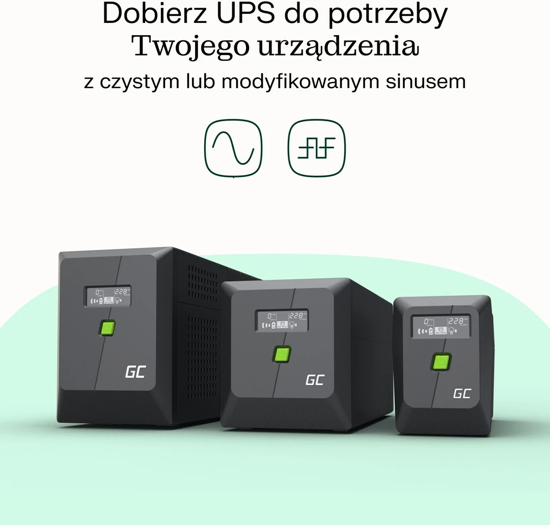 UPS Green Cell UPSLM480, 0.85 kVA, 480 W, 2 dalje AC, 9 Ah, 12 V, e zezë