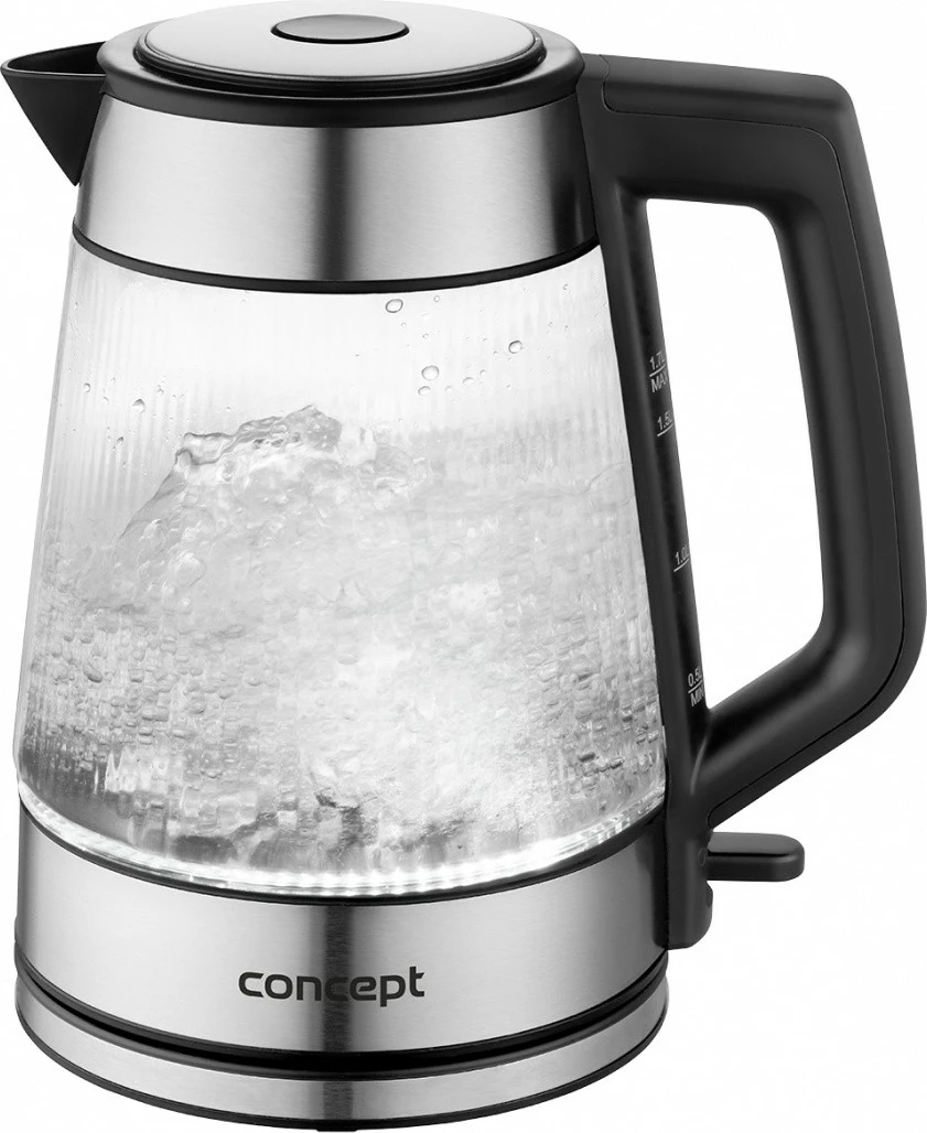 Çajnik elektrik Concept RK4210 1.7 L 2200 W xhami me ndriçim LED bazë rrotulluese STRIX inox dhe transparent