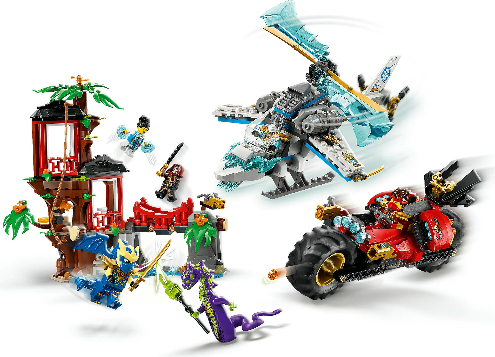 Set ndërtimi LEGO NINJAGO 71857 Ninja Vehicle Tree House Battle, 642 pjesë, 6 minifigura, multikolor