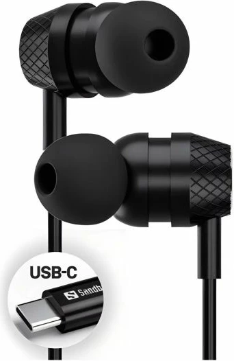 Kufje SANDBERG USB-C/A In-Earset 126-50, me mikrofon në kabllo, kabllo 1.2 m, set me adapter USB-C në USB-A + 3 palë tips, e zezë